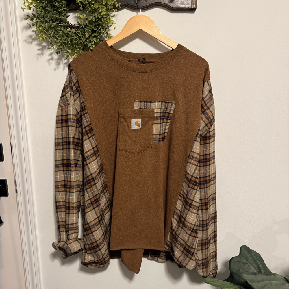 Reworked Carhartt Brown Mixed-Media Long Sleeve Shirt with Plaid Flannel Sleeves